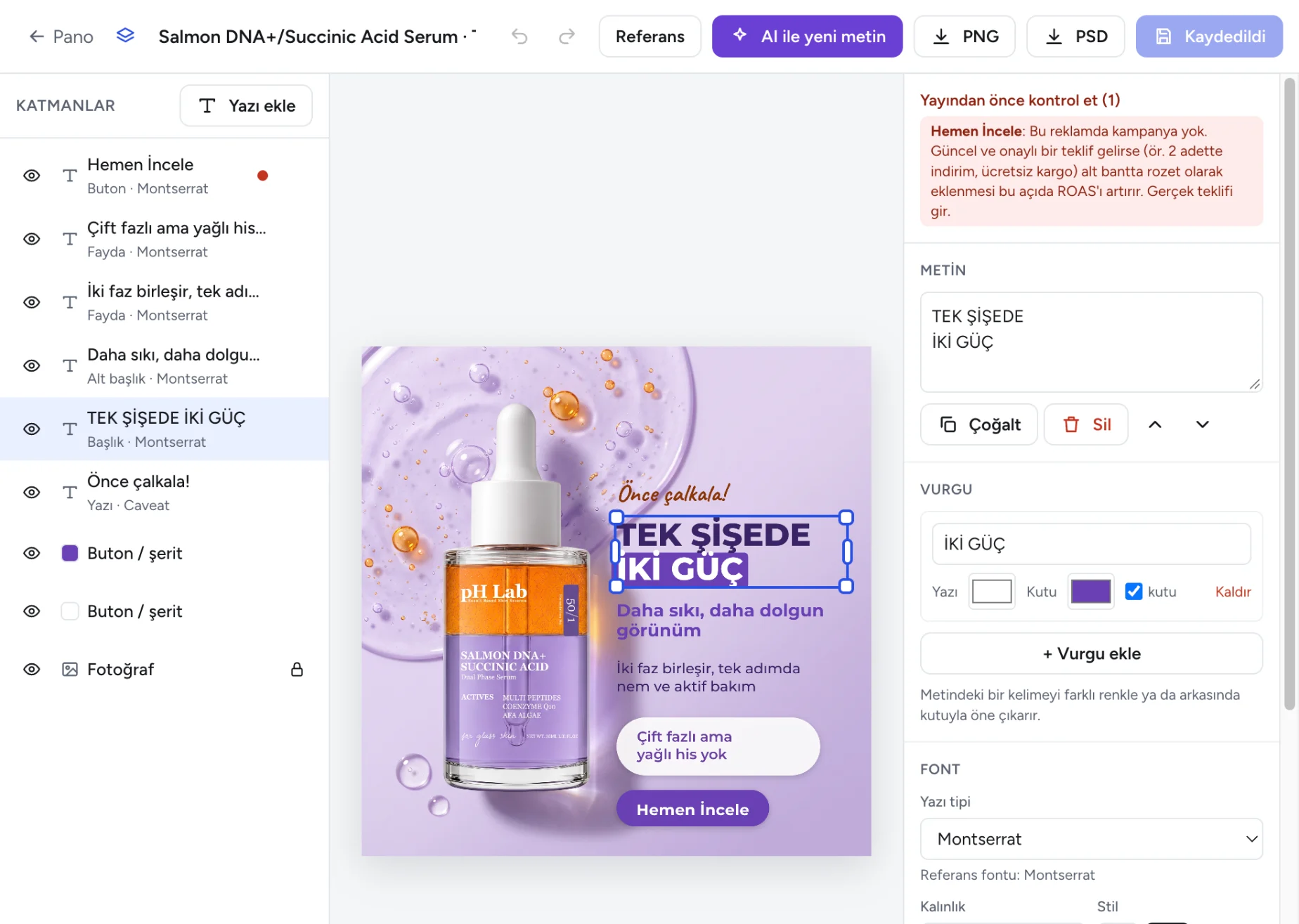 Statik reklam düzenleyicisi: solda katman listesi, ortada reklam, sağda seçili başlığın metin, vurgu ve font ayarları