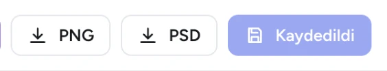 Düzenleyici araç çubuğu: AI ile yeni metin, PNG ve PSD indirme düğmeleri