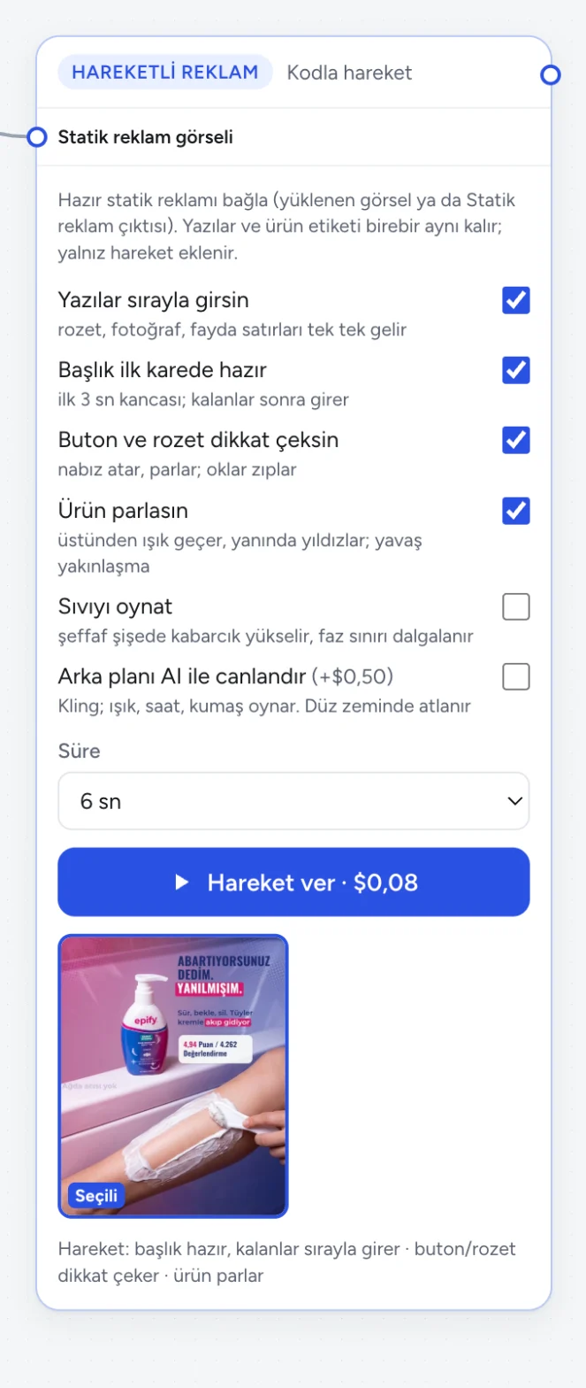 Hareketli reklam kutusu: yazılar sırayla girsin, başlık ilk karede hazır, buton dikkat çeksin, ürün parlasın