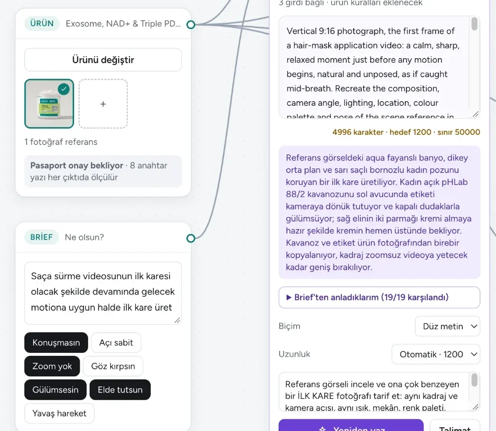 Ürün ve brief kutuları Prompt Yazıcı'ya bağlı; Prompt Yazıcı brief'ten anladıklarını ve yazdığı promptu gösteriyor
