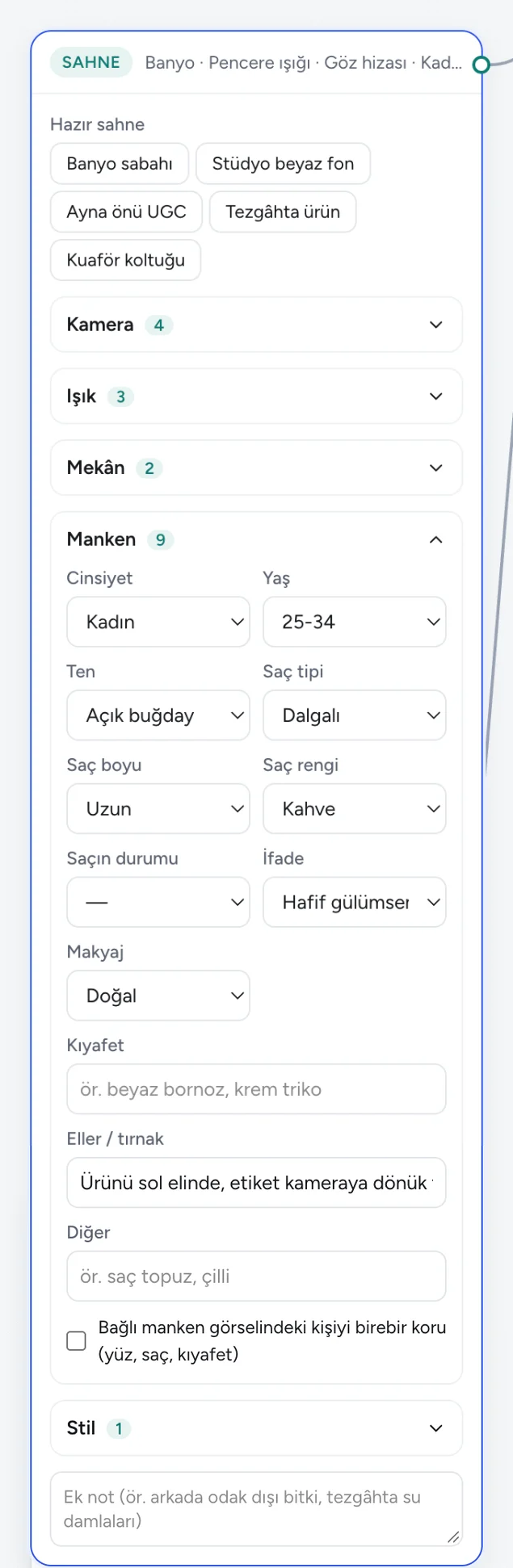 Sahne kutusu: hazır sahneler, kamera, ışık, mekân, manken ve stil ayarları; manken bölümü açık