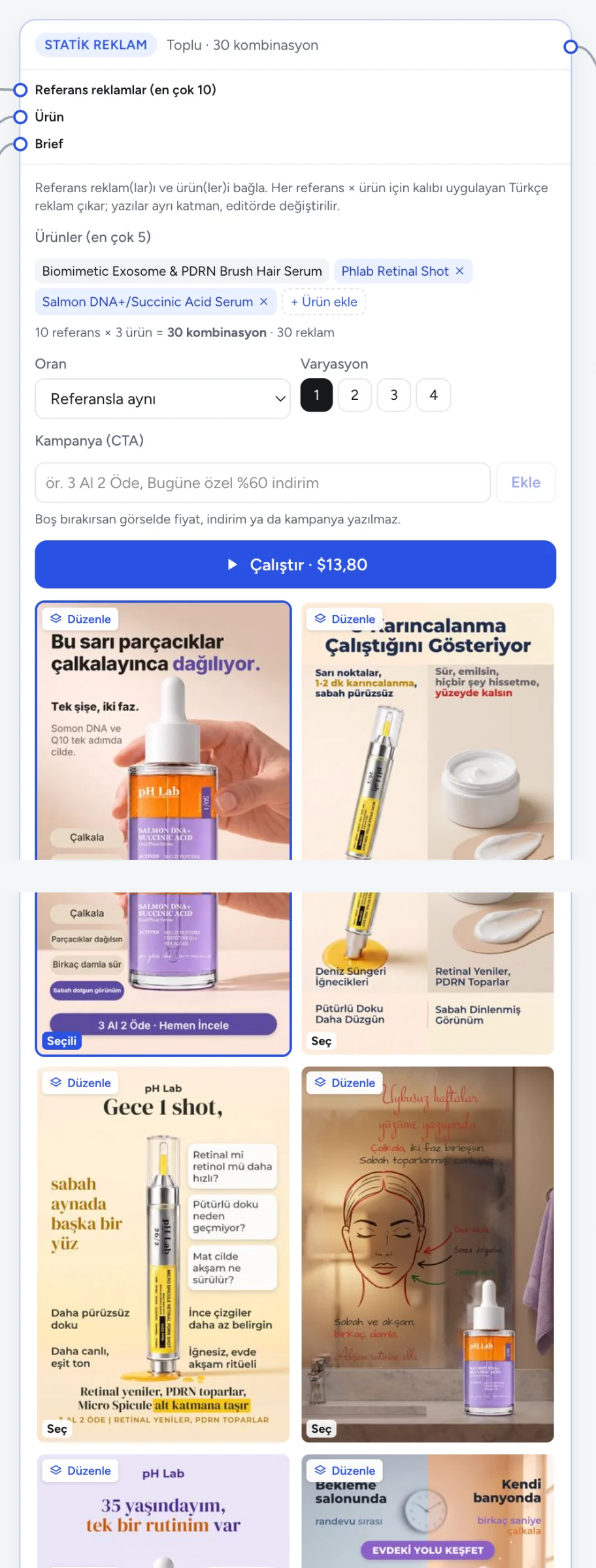 Statik reklam kutusu: üç ürün seçili, 30 kombinasyon, kampanya alanı ve üretilen reklamlar