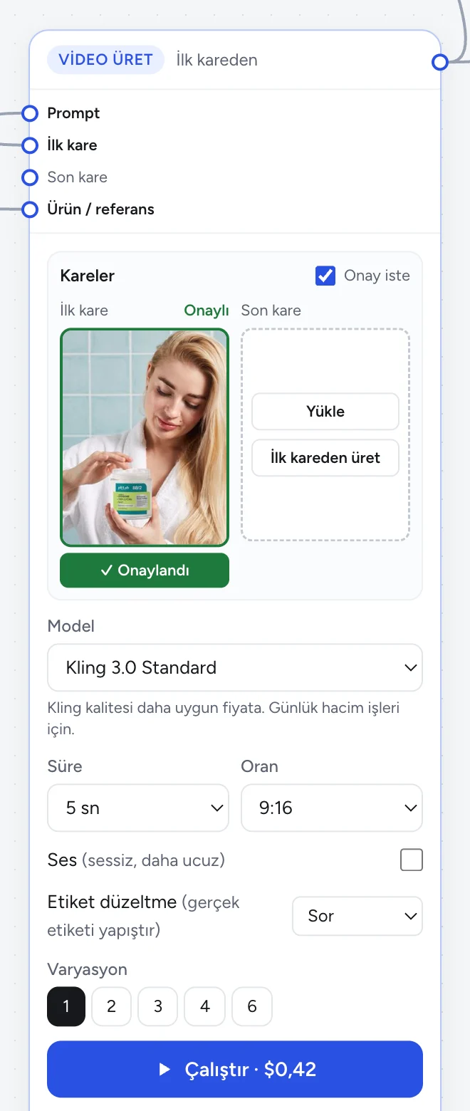 Video üret kutusu: onaylı ilk kare, Kling 3.0 Standard, 5 saniye, 9:16